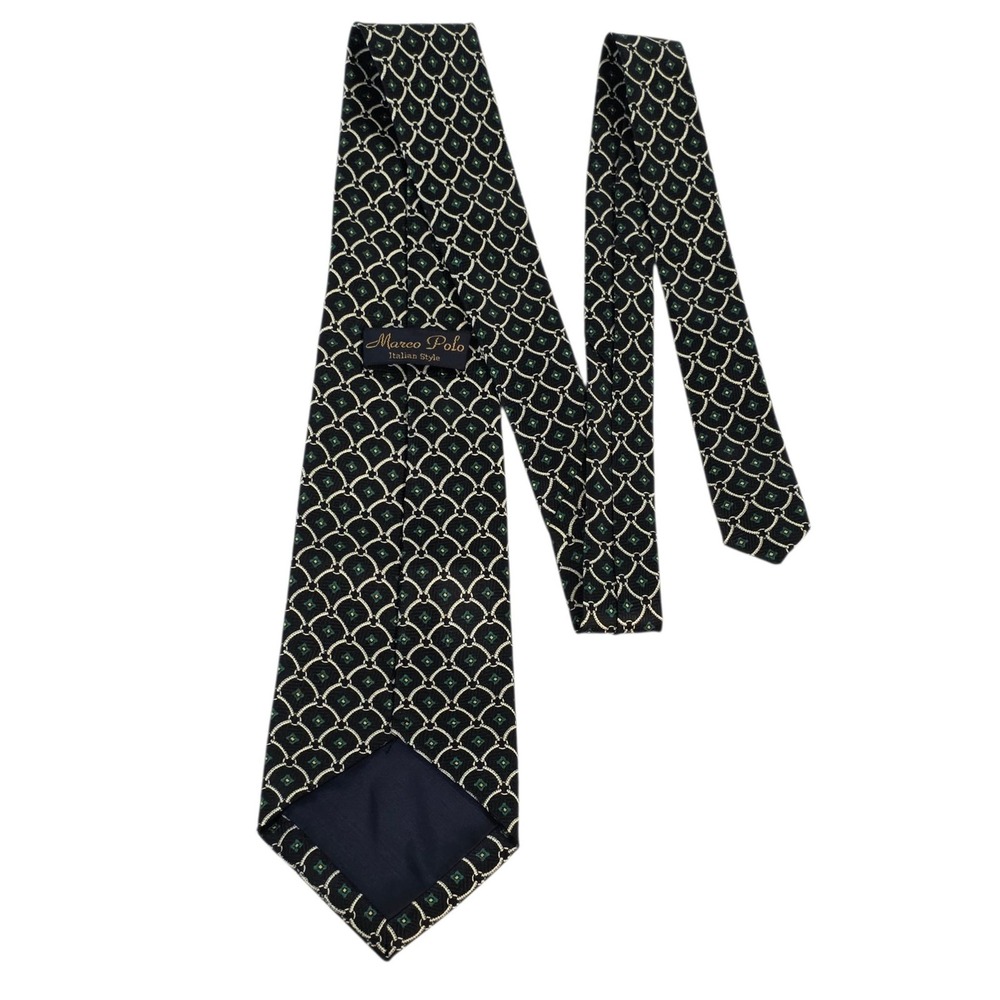 Marco Polo Silk Blend Tie Geometric Pattern Black Cream Green‎ Men's Accessory